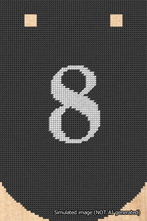 A simulated image of the stitched needlepoint design: Banner 18m Curved 8 White on Black. Not A.I. generated.