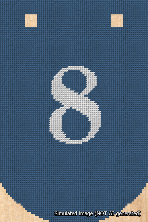 A simulated image of the stitched needlepoint design: Banner 18m Curved 8 White on Blue. Not A.I. generated.