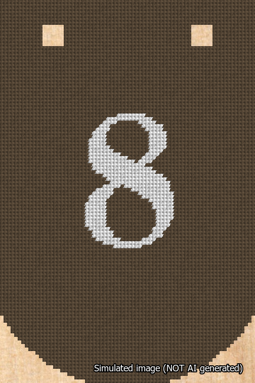 A simulated image of the stitched needlepoint design: Banner 18m Curved 8 White on Brown. Not A.I. generated.
