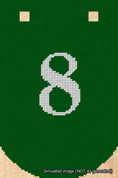 A simulated image of the stitched needlepoint design: Banner 18m Curved 8 White on Green. Not A.I. generated.