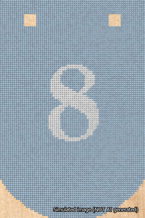 A simulated image of the stitched needlepoint design: Banner 18m Curved 8 White on Light Blue. Not A.I. generated.