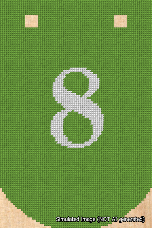 A simulated image of the stitched needlepoint design: Banner 18m Curved 8 White on Light Green. Not A.I. generated.