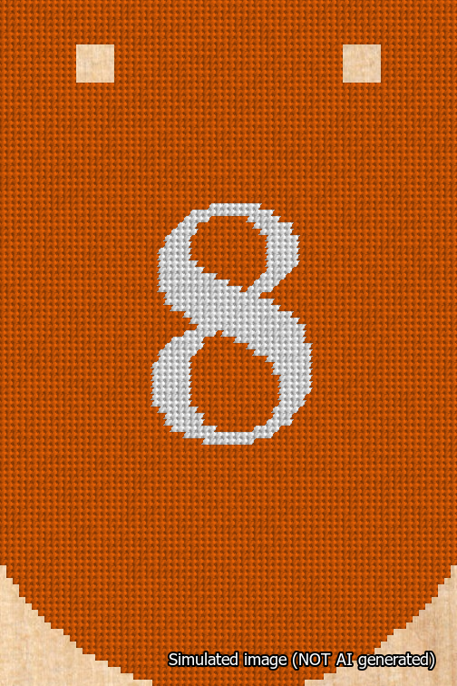 A simulated image of the stitched needlepoint design: Banner 18m Curved 8 White on Orange. Not A.I. generated.