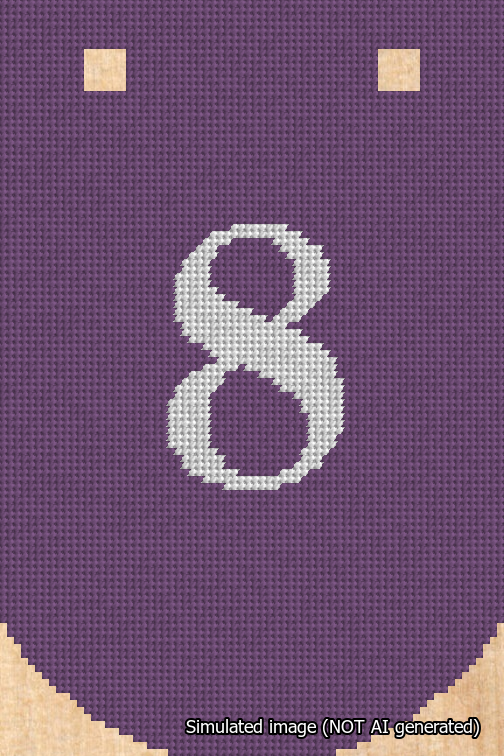 A simulated image of the stitched needlepoint design: Banner 18m Curved 8 White on Purple. Not A.I. generated.