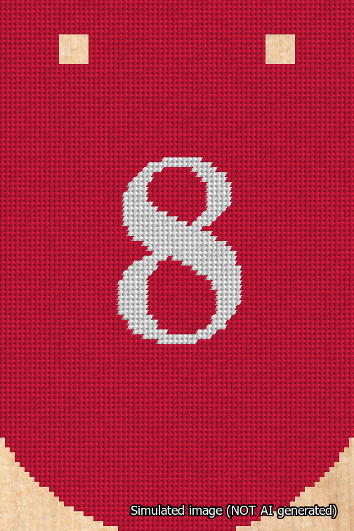 A simulated image of the stitched needlepoint design: Banner 18m Curved 8 White on Red. Not A.I. generated.