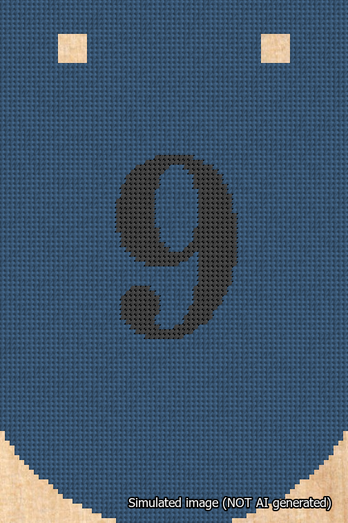 A simulated image of the stitched needlepoint design: Banner 18m Curved 9 Black on Blue. Not A.I. generated.