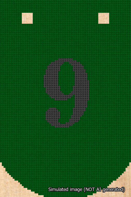 A simulated image of the stitched needlepoint design: Banner 18m Curved 9 Black on Green. Not A.I. generated.