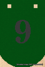 A simulated image of the stitched needlepoint design: Banner 18m Curved 9 Black on Green. Not A.I. generated.