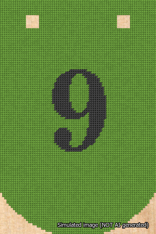 A simulated image of the stitched needlepoint design: Banner 18m Curved 9 Black on Light Green. Not A.I. generated.