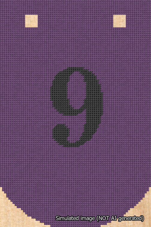 A simulated image of the stitched needlepoint design: Banner 18m Curved 9 Black on Purple. Not A.I. generated.