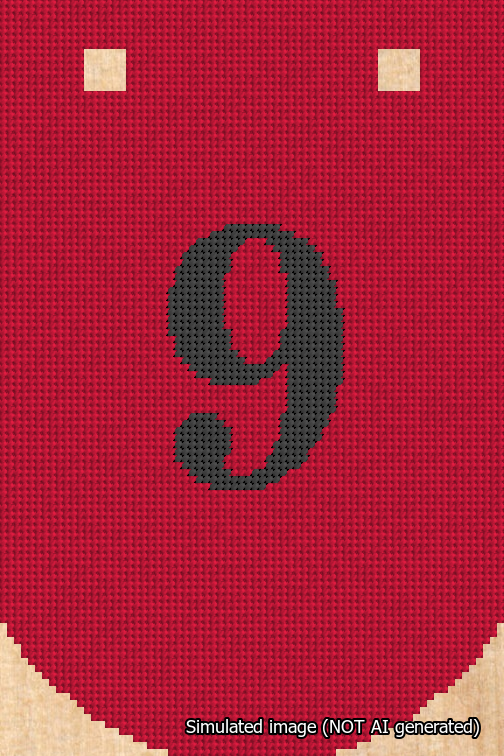 A simulated image of the stitched needlepoint design: Banner 18m Curved 9 Black on Red. Not A.I. generated.