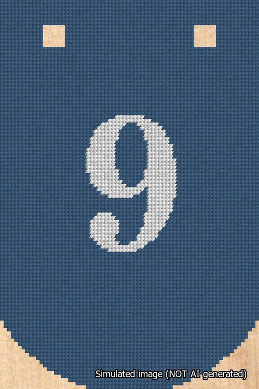 A simulated image of the stitched needlepoint design: Banner 18m Curved 9 White on Blue. Not A.I. generated.