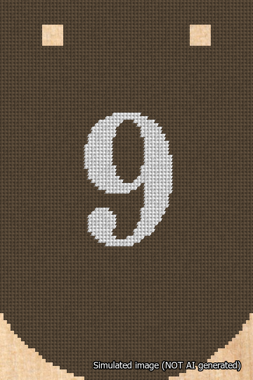 A simulated image of the stitched needlepoint design: Banner 18m Curved 9 White on Brown. Not A.I. generated.