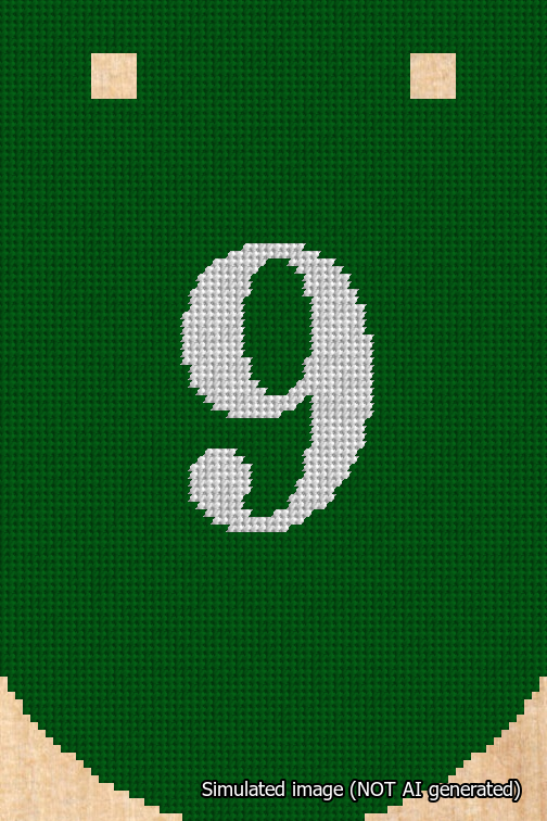 A simulated image of the stitched needlepoint design: Banner 18m Curved 9 White on Green. Not A.I. generated.