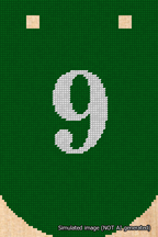 A simulated image of the stitched needlepoint design: Banner 18m Curved 9 White on Green. Not A.I. generated.