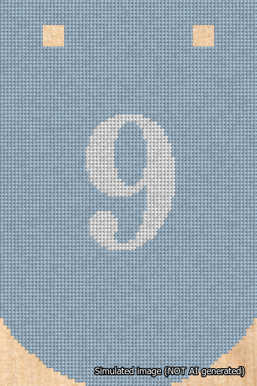 A simulated image of the stitched needlepoint design: Banner 18m Curved 9 White on Light Blue. Not A.I. generated.