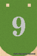 A simulated image of the stitched needlepoint design: Banner 18m Curved 9 White on Light Green. Not A.I. generated.