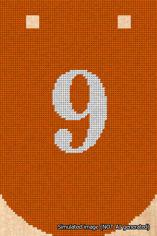 A simulated image of the stitched needlepoint design: Banner 18m Curved 9 White on Orange. Not A.I. generated.