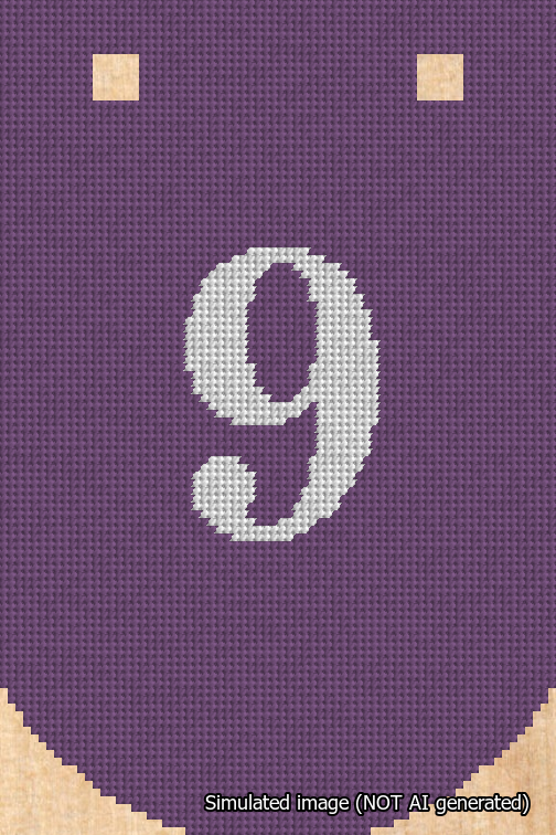 A simulated image of the stitched needlepoint design: Banner 18m Curved 9 White on Purple. Not A.I. generated.