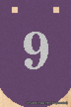 A simulated image of the stitched needlepoint design: Banner 18m Curved 9 White on Purple. Not A.I. generated.