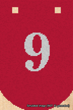 A simulated image of the stitched needlepoint design: Banner 18m Curved 9 White on Red. Not A.I. generated.