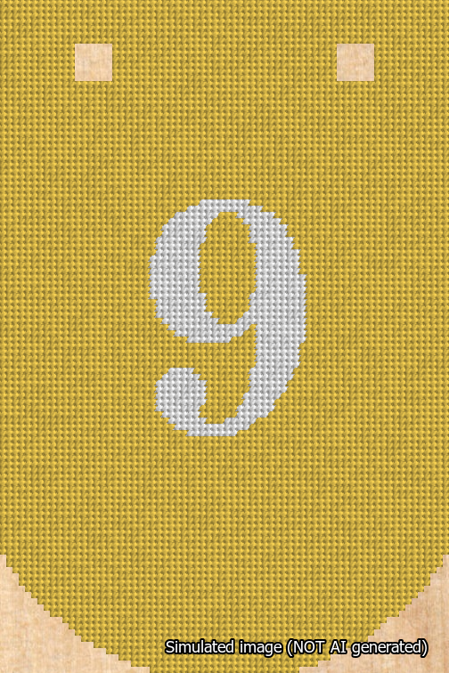 A simulated image of the stitched needlepoint design: Banner 18m Curved 9 White on Yellow. Not A.I. generated.