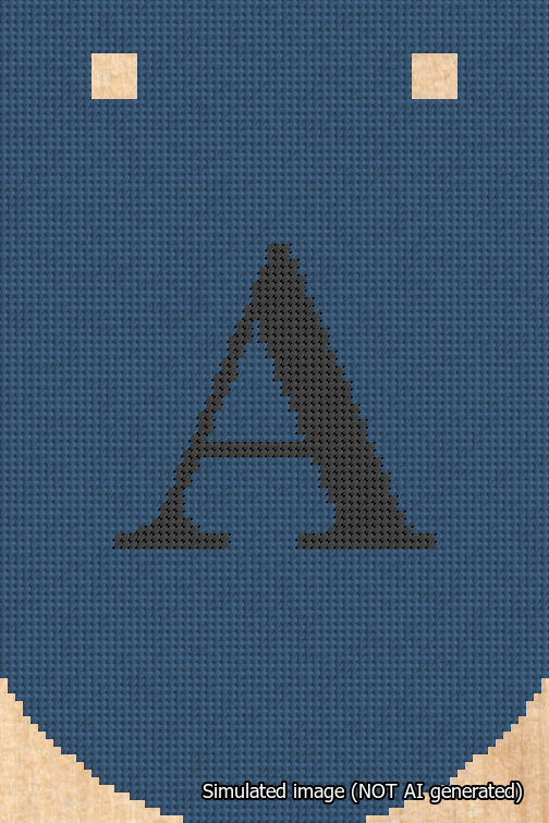 A simulated image of the stitched needlepoint design: Banner 18m Curved A Black on Blue. Not A.I. generated.