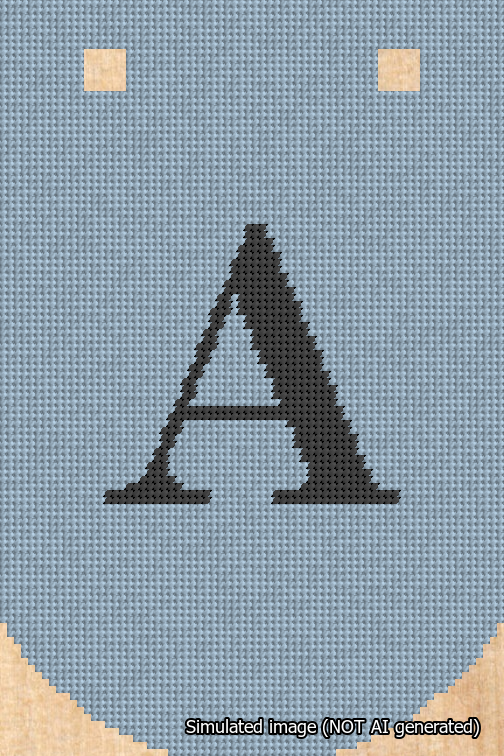 A simulated image of the stitched needlepoint design: Banner 18m Curved A Black on Light Blue. Not A.I. generated.