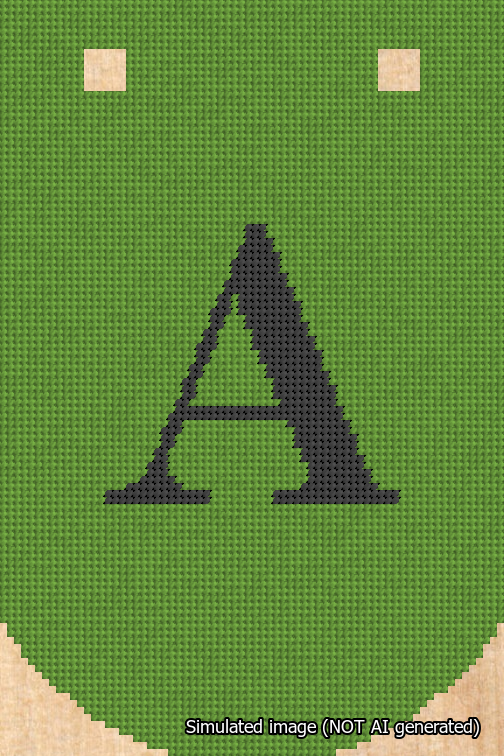 A simulated image of the stitched needlepoint design: Banner 18m Curved A Black on Light Green. Not A.I. generated.
