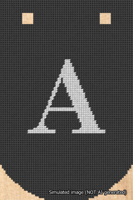 A simulated image of the stitched needlepoint design: Banner 18m Curved A White on Black. Not A.I. generated.