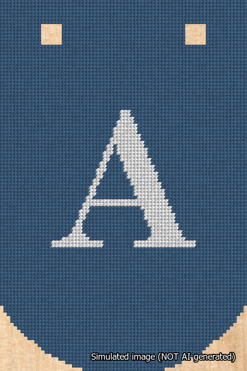 A simulated image of the stitched needlepoint design: Banner 18m Curved A White on Blue. Not A.I. generated.