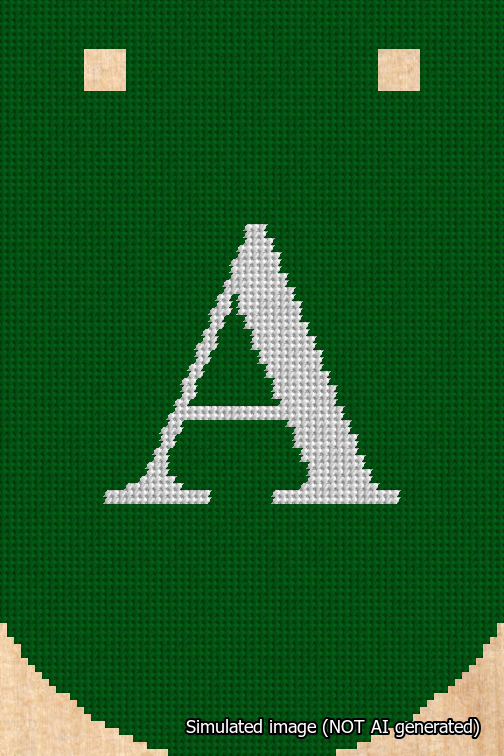 A simulated image of the stitched needlepoint design: Banner 18m Curved A White on Green. Not A.I. generated.
