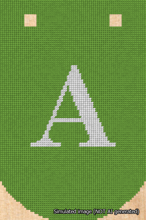 A simulated image of the stitched needlepoint design: Banner 18m Curved A White on Light Green. Not A.I. generated.