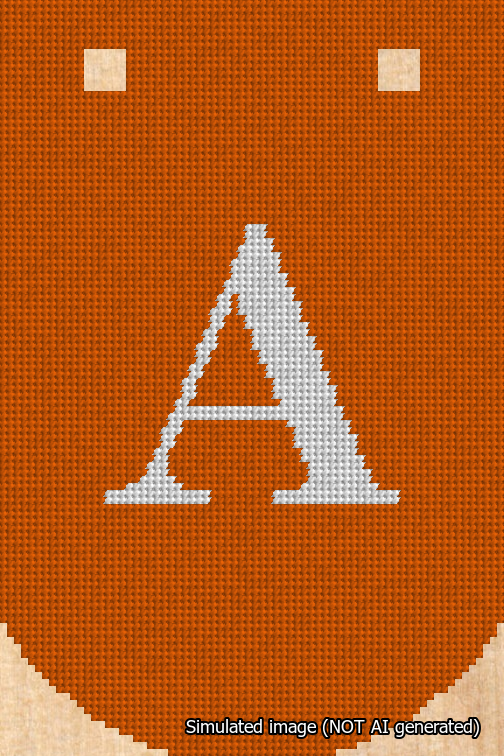 A simulated image of the stitched needlepoint design: Banner 18m Curved A White on Orange. Not A.I. generated.