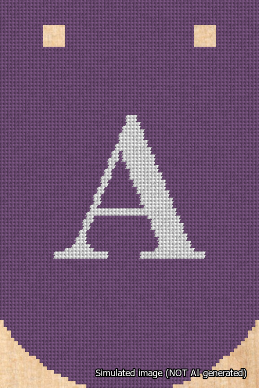 A simulated image of the stitched needlepoint design: Banner 18m Curved A White on Purple. Not A.I. generated.