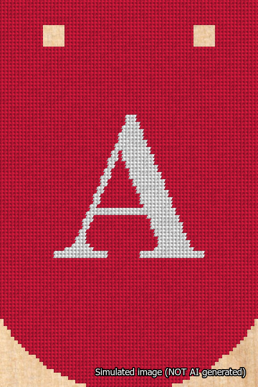 A simulated image of the stitched needlepoint design: Banner 18m Curved A White on Red. Not A.I. generated.