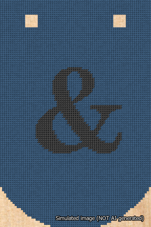 A simulated image of the stitched needlepoint design: Banner 18m Curved Ampersand Black on Blue. Not A.I. generated.