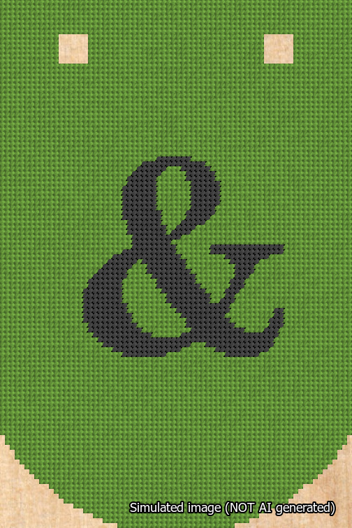 A simulated image of the stitched needlepoint design: Banner 18m Curved Ampersand Black on Light Green. Not A.I. generated.