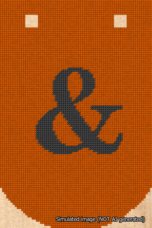 A simulated image of the stitched needlepoint design: Banner 18m Curved Ampersand Black on Orange. Not A.I. generated.