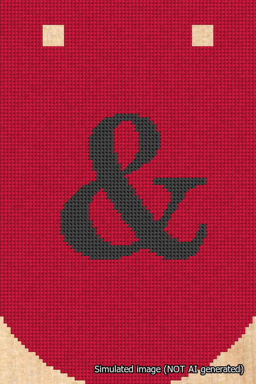 A simulated image of the stitched needlepoint design: Banner 18m Curved Ampersand Black on Red. Not A.I. generated.