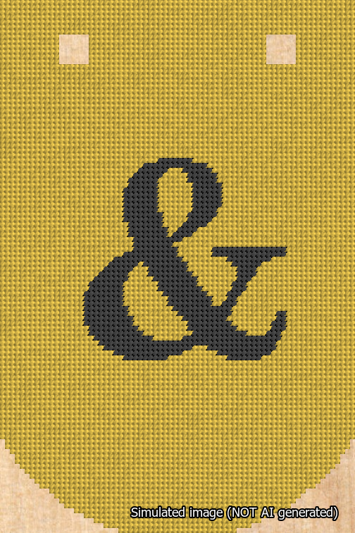 A simulated image of the stitched needlepoint design: Banner 18m Curved Ampersand Black on Yellow. Not A.I. generated.