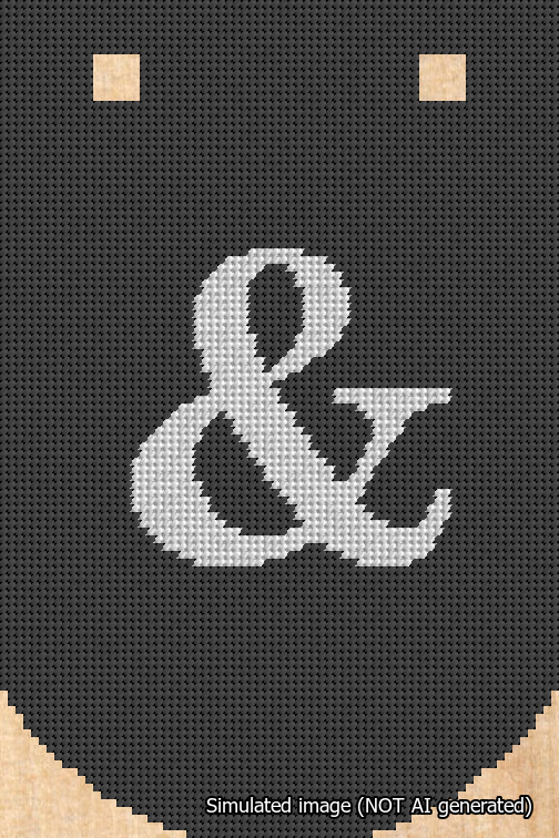 A simulated image of the stitched needlepoint design: Banner 18m Curved Ampersand White on Black. Not A.I. generated.