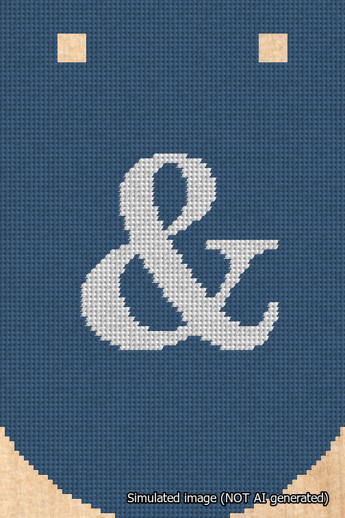 A simulated image of the stitched needlepoint design: Banner 18m Curved Ampersand White on Blue. Not A.I. generated.