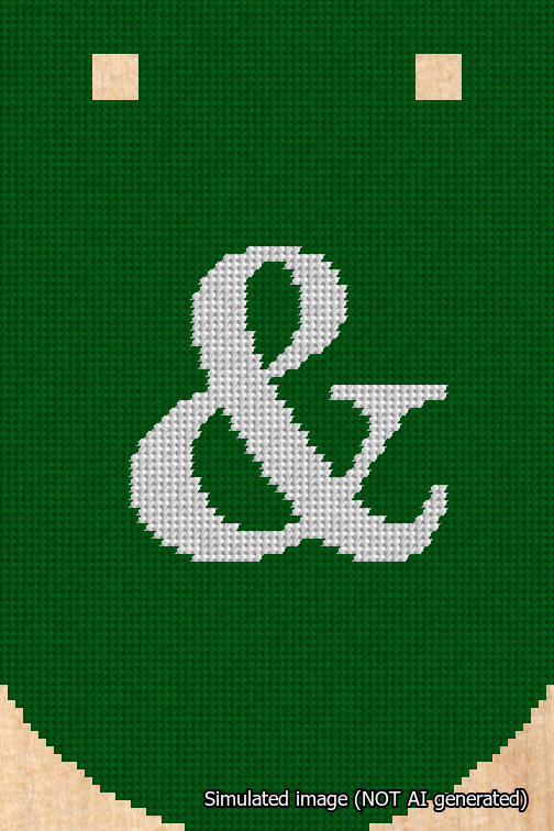 A simulated image of the stitched needlepoint design: Banner 18m Curved Ampersand White on Green. Not A.I. generated.