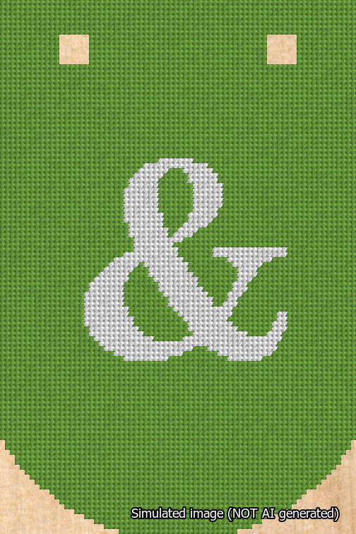 A simulated image of the stitched needlepoint design: Banner 18m Curved Ampersand White on Light Green. Not A.I. generated.