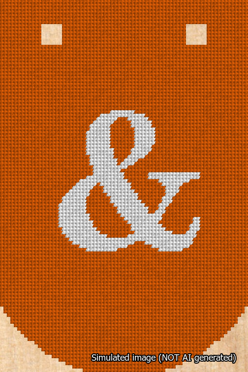 A simulated image of the stitched needlepoint design: Banner 18m Curved Ampersand White on Orange. Not A.I. generated.