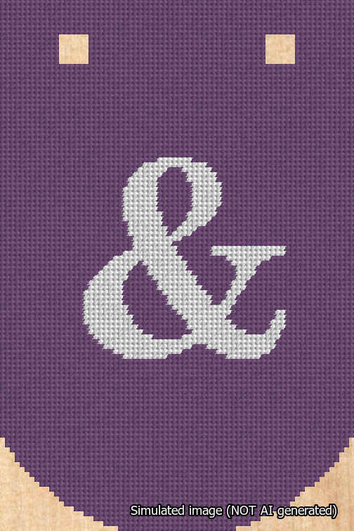 A simulated image of the stitched needlepoint design: Banner 18m Curved Ampersand White on Purple. Not A.I. generated.