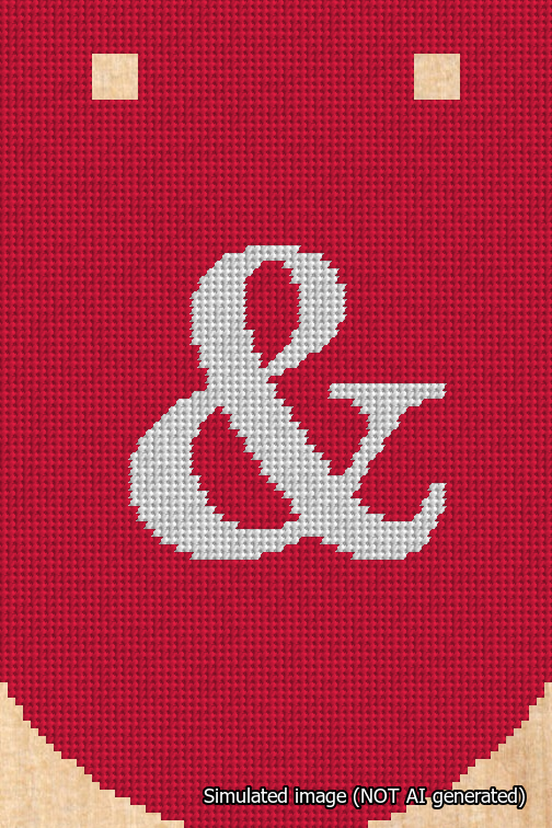 A simulated image of the stitched needlepoint design: Banner 18m Curved Ampersand White on Red. Not A.I. generated.