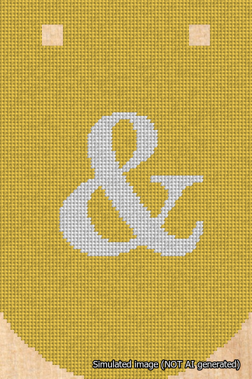 A simulated image of the stitched needlepoint design: Banner 18m Curved Ampersand White on Yellow. Not A.I. generated.