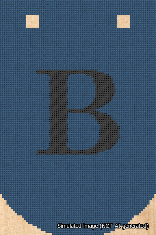 A simulated image of the stitched needlepoint design: Banner 18m Curved B Black on Blue. Not A.I. generated.
